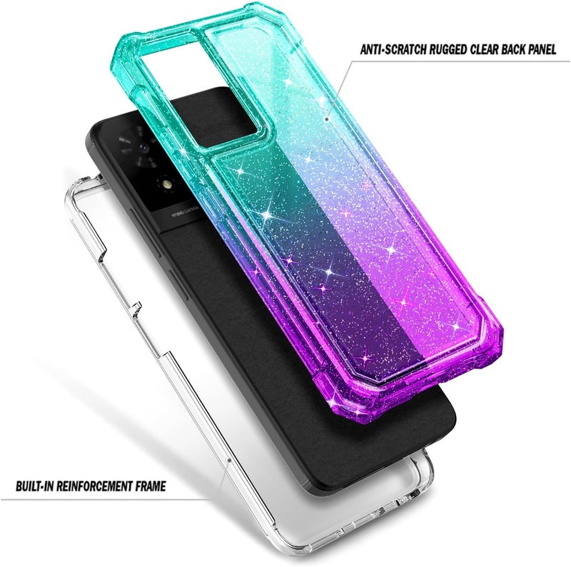 WDHD Compatible with TCL K24 & K23 & TCL 50 LE Phone Case Glitter Aqua/Purple | Full-Body Protective Shockproof Rugged Bumper Cover with Screen Protector, Raised Corners Drop Protection - Image 3